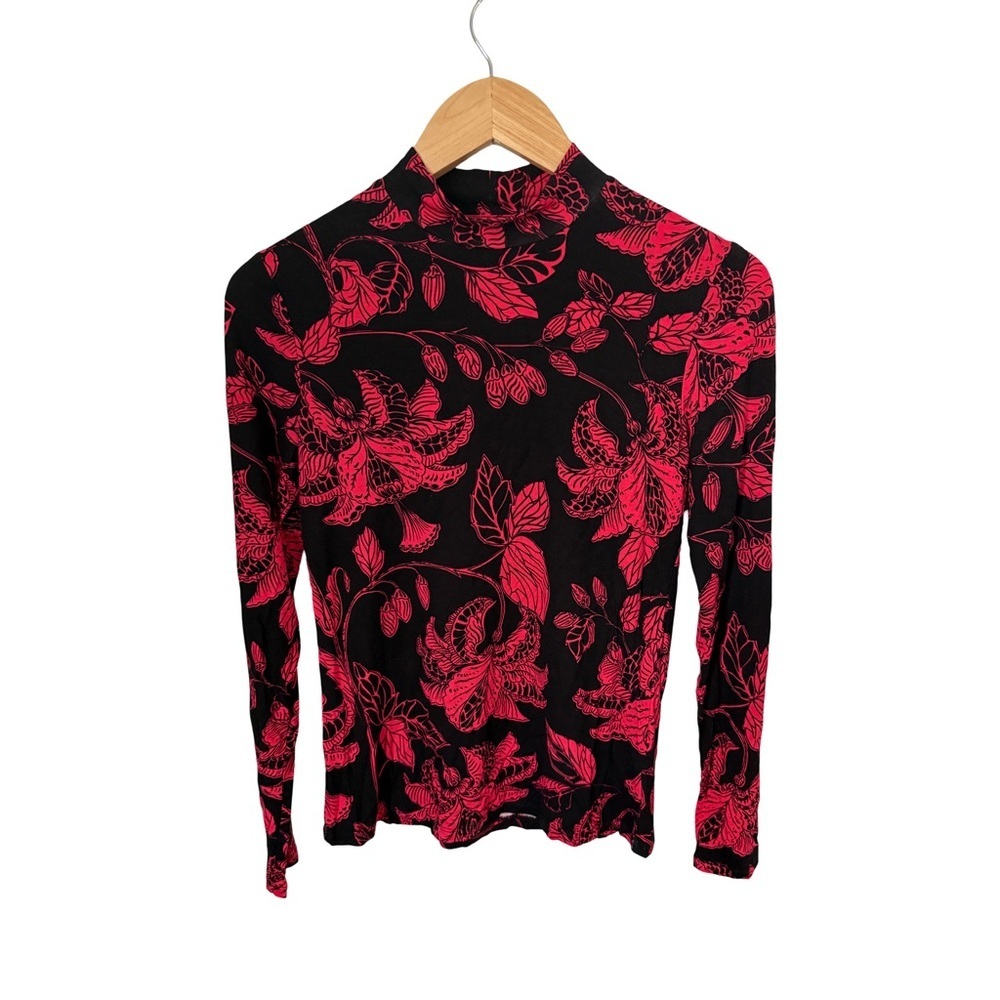 Tahari Mock Neck Long Sleeve Floral Black Red Viscose Blend Top NWT Size S